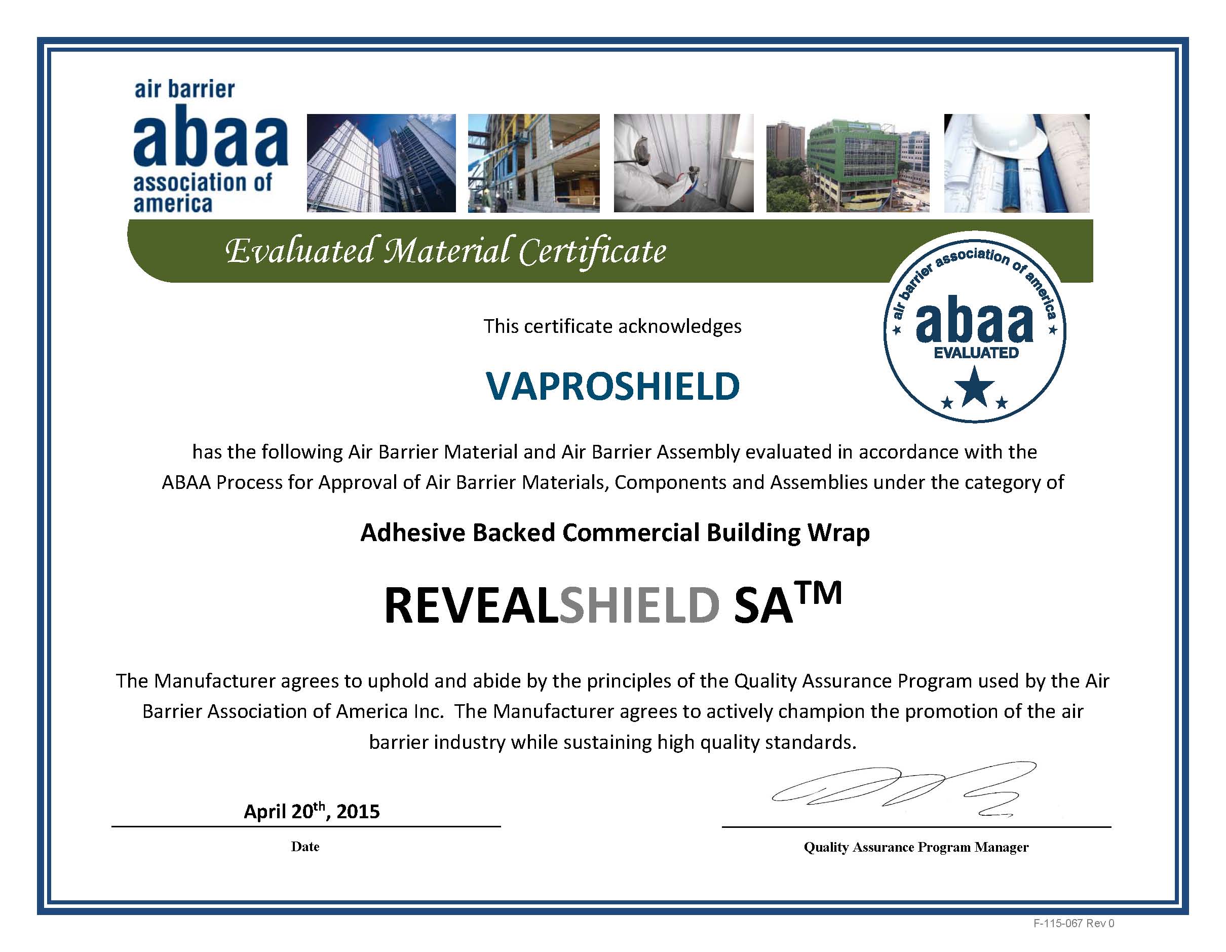 ABAA Air Barrier Material Evaluated Certificate vaproshield revealshield